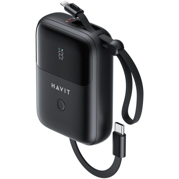 Power Bank Havit PB5215 PD22,5 W | Câble intégré Type-C et Lightning (iPhone) 10.000 mAh avec Écran LED