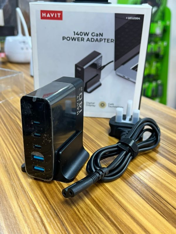 Havit Chargeur GAN 140W USB-C à 5 Ports (3 PD 100W PPS45W + 2 60W QC3.0) Type C, charge ultra rapide 2.0, adaptateur d'alimentation pour ordinateur portable avec écran LCD – Image 3