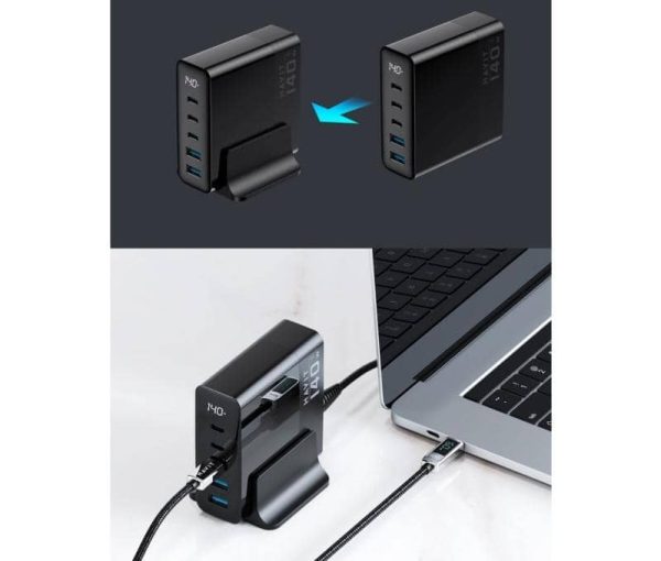 Havit Chargeur GAN 140W USB-C à 5 Ports (3 PD 100W PPS45W + 2 60W QC3.0) Type C, charge ultra rapide 2.0, adaptateur d'alimentation pour ordinateur portable avec écran LCD – Image 5