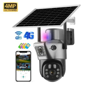 Caméra PTZ solaire sans fil Full HD 4 MP | Réseau solaire intelligent et 4G LTE | Double caméra de sécurité extérieure V380