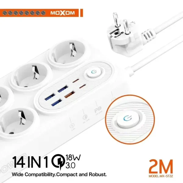 Rallonge Électrique 14-en-1 Moxom avec USB Rapide – 2M – Image 4