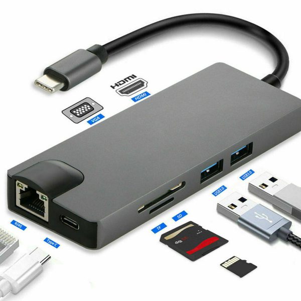 Adaptateur HUB USB-C 8-en-1 : HDMI + VGA + USB 3.0 x2 + Type-C PD + SD + RJ45