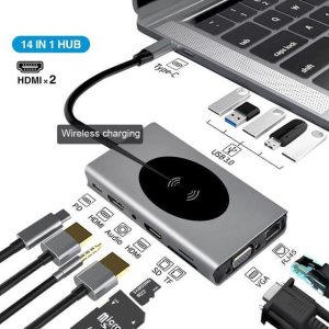 Station d’accueil / Adaptateur USB-C 14-en-1 : HDMI x2 + VGA + USB 3.0 x3 + USB 2.0 x2 + RJ45 + Audio + SD + TF + Type-C PD + Charge sans fil 15W
