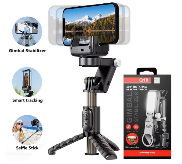 Stabilisateur 2‑en‑1 Q18 – Gimbal + Selfie‑Stick + Trépied
