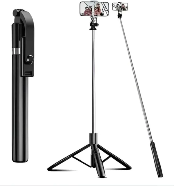 Selfie Stick R1S‑L – Perche, Trépied 1,7M & Éclairage LED