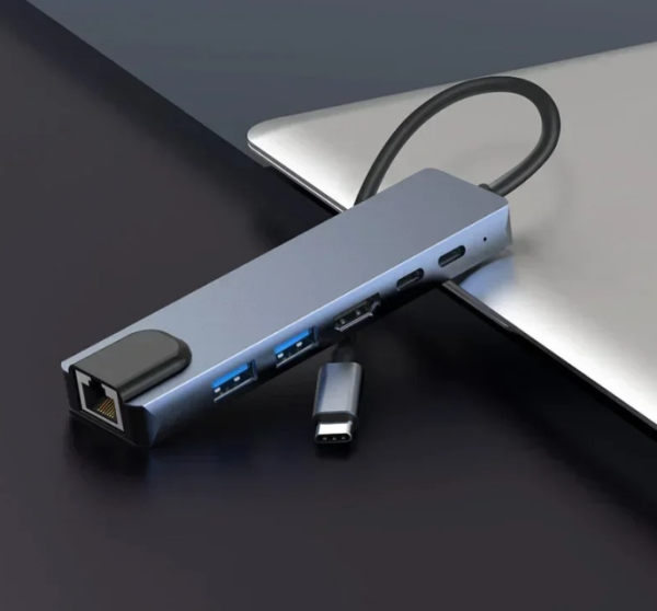 Adaptateur HUB USB-C 6-en-1 : HDMI + USB 3.0 + USB-C (PD & données) + Ethernet RJ45