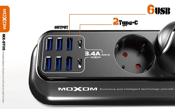 RALLONGE MOXOM MX-ST05 6 port usb 3.4A et 2 port Type C – Image 2