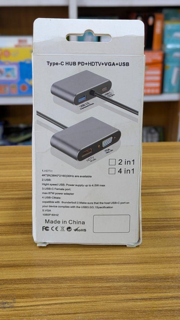 Adaptateur HUB Type-C 4-en-1 : HDMI + VGA + USB 3.0 + USB-C (PD) – Image 3