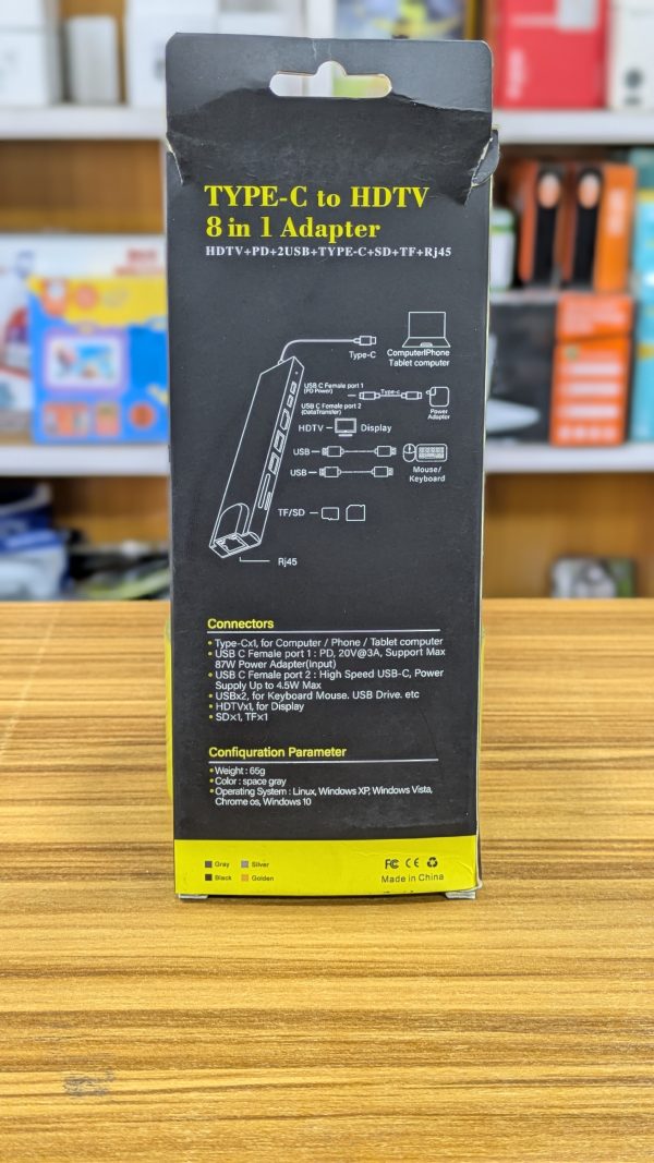 Adaptateur HUB USB-C 8-en-1 : HDMI + USB-C PD + USB-C données + 2 × USB + SD + TF + RJ45 – Image 3