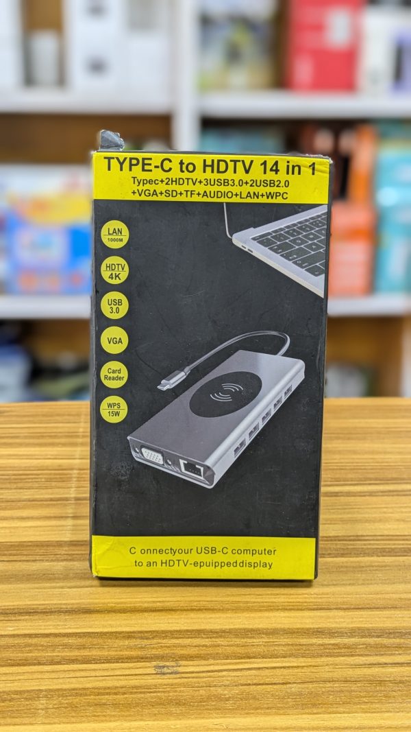 Station d’accueil / Adaptateur USB-C 14-en-1 : HDMI x2 + VGA + USB 3.0 x3 + USB 2.0 x2 + RJ45 + Audio + SD + TF + Type-C PD + Charge sans fil 15W – Image 2