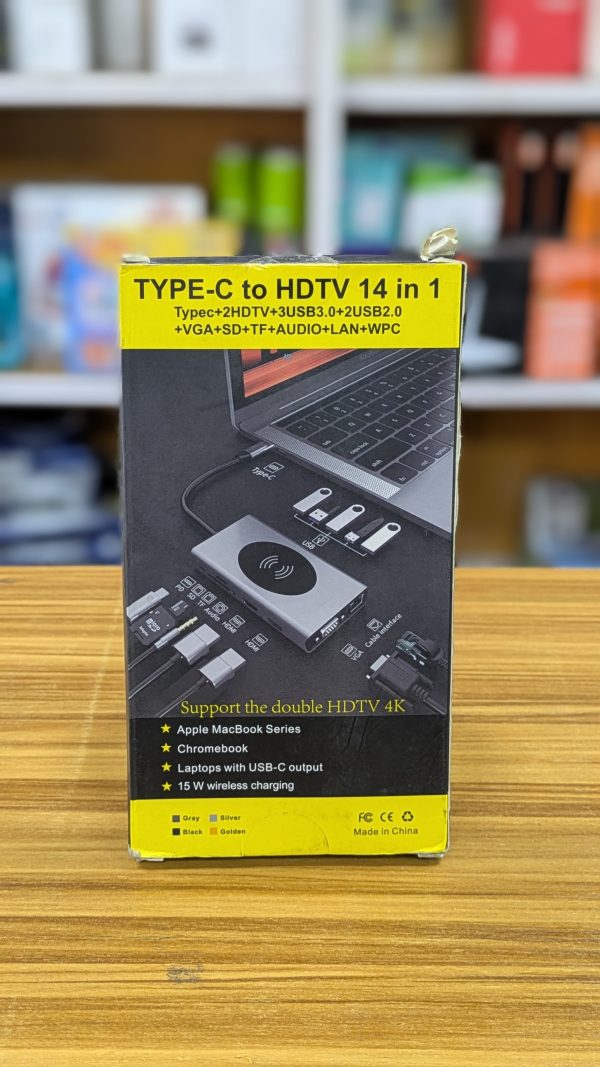 Station d’accueil / Adaptateur USB-C 14-en-1 : HDMI x2 + VGA + USB 3.0 x3 + USB 2.0 x2 + RJ45 + Audio + SD + TF + Type-C PD + Charge sans fil 15W – Image 3