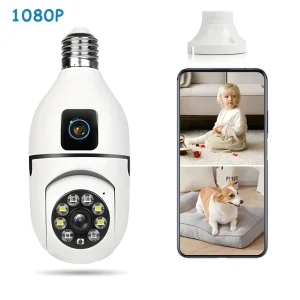 Caméra de Surveillance Ampoule WiFi – Double Objectif, Double Écran, PTZ, Vision Nocturne Couleur