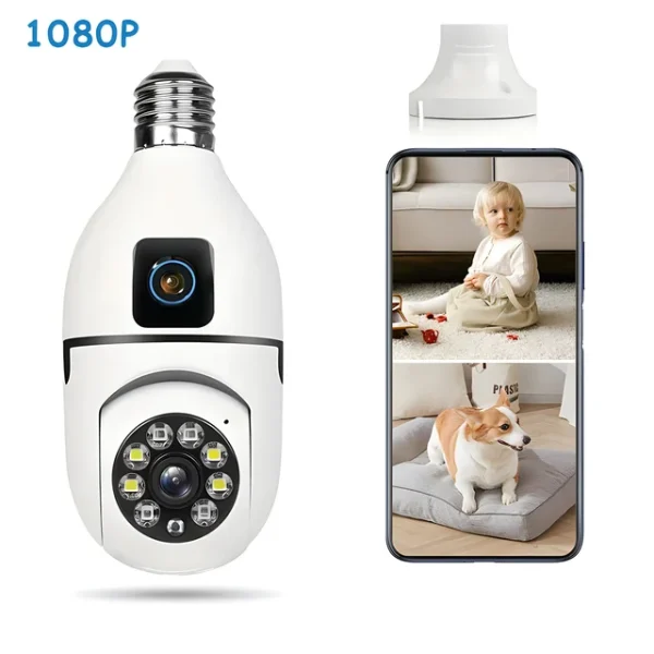 Caméra de Surveillance Ampoule WiFi – Double Objectif, Double Écran, PTZ, Vision Nocturne Couleur