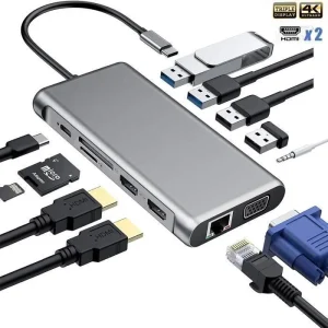 Adaptateur HUB USB-C 12-en-1 : 2 x HDMI 4K + VGA + USB 3.0 x3 + USB 2.0 + Type-C PD + RJ45 + Audio + SD + TF