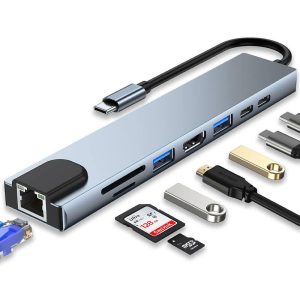 Adaptateur HUB USB-C 8-en-1 : HDMI + USB-C PD + USB-C données + 2 × USB + SD + TF + RJ45